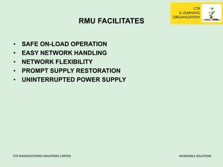 RMU FACILITATES
• SAFE ON-LOAD OPERATION
• EASY NETWORK HANDLING
• NETWORK FLEXIBILITY
• PROMPT SUPPLY RESTORATION
• UNINTERRUPTED POWER SUPPLY
 