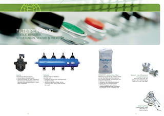 18 1918 19
Nordic Air Filtration
VENTILE, BEHÄLTER,
STEUERUNGEN, VENTURI & PREKOTE®
FILTERREINIGUNG
PREKOTE® schützt Ihre Filter
PREKOTE® von Nordic Air Filtration bildet
auf der Oberﬂäche des Filtermediums
eine hochdurchlässige Schutzschicht und
erhöht die Filterleistung
> Verbessert den Staubkuchenabwurf
> Sichert längere Filterstandzeiten
> PREKOTE® eignet sich ideal für
Anwendungsbedingungen, bei denen
Feuchtigkeit und Öl vorhanden sind
Ventile
Hochwertige Membranventile:
> Hervorragende Ansprechzeiten
> Aluminiumventile; für eine verlängerte
Standzeit sind Edelstahlschrauben und
Membran korrosionsschützend in Textil-
faser eingebettet
Cleaning Wing
Cleaning Wing – eine
Alternative zur
Pulsabreinigung
> Hervorragende Ansprechzeiten
Behälter
Breite Auswahl an Behältern,
darunter auch:
> Integrierte Ventile oder Gewindeventile
> Edelstahlbehälter
> Sämtliche Behälter erfüllen die eu-
ropäischen PED, ATEX, GOST-R-Anfor-
derungen
Venturi – die eﬃzientere
Pulsabreinigung
Venturi ist eine Düse, die
während der Pulsabreinigung
mehr Luft in den Filter leitet
 