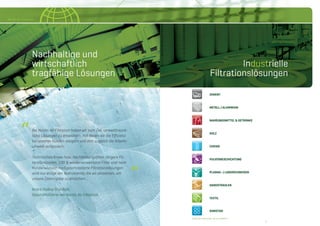 4 54 5
Nordic Air Filtration
“
ZEMENT
METALL / ALUMINIUM
NAHRUNGSMITTEL & GETRÄNKE
HOLZ
CHEMIE
PULVERBESCHICHTUNG
PLASMA- / LASERSCHNEIDEN
SANDSTRAHLEN
TEXTIL
Industrielle
Filtrationslösungen
Bei Nordic Air Filtration haben wir zum Ziel, umweltfreund-
liche Lösungen zu entwickeln, mit denen wir die Eﬃzienz
bei unseren Kunden steigern und dort zugleich die Arbeits-
umwelt verbessern.
Technisches Know-how, Hochleistungsﬁlter, längere Fil-
terstandzeiten, 100 % wiederverwertbare Filter und nach
Kundenwunsch maßgeschneiderte Filtrationslösungen
sind nur einige der Instrumente, die wir einsetzen, um
unsere Zielvorgabe zu erreichen…
André Radley Grundahl,
Geschäftsführer der Nordic Air Filtration
Nachhaltige und
wirtschaftlich
tragfähige Lösungen
”
Einige der Industrien, die wir beliefern
SONSTIGE
 