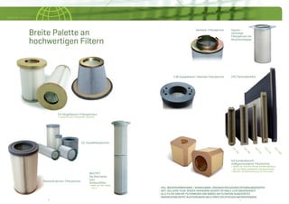 8 98 9
Nordic Air Filtration
CPC
420
CPC
498
CPC
520
CPC
630
CPC
1050
Breite Palette an
hochwertigen Filtern
CPC Flachzellenﬁlter
CH Hängeﬂansch-Filterpatronen
> Konische oder zylindrische Patronen
Auf Kundenwunsch
maßgeschneiderte Filtertechnik
> Nordic Air Filtration fertigt Sonderausführun-
gen auf Basis speziﬁscher Kundenwünsche
>Beispiel: Sonderausführung für Plymovent
Square –
viereckige
Filterpatrone mit
Verschlusskappe
Twistlock-Filterpatrone
CJW Doppelbolzen-Gewinde-Filterpatrone
> VOLL WIEDERVERWERTBARE / VERASCHBARE LÖSUNGEN REDUZIEREN ENTSORGUNGSKOSTEN
> ANTI-COLLAPSE PLEAT SPACER-VERFAHREN SICHERT OPTIMALE LEISTUNGSFÄHIGKEIT
> ALLE FILTER SIND MIT FILTERMEDIEN VON NORDIC AIR FILTRATION AUSGESTATTET
> MASSGESCHNEIDERTE AUSFÜHRUNGEN NACH IHREN SPEZIFISCHEN ANFORDERUNGEN
CS-Staubﬁlterpatronen
Steckaufnahmen-Filterpatrone
MULTIFIT.
Die Alternative
zum
Schlauchﬁlter
> Mehr auf den Seiten
10-11
 