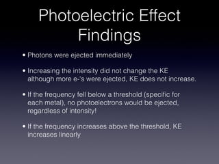 Photoelectric Effect
          Findings
• Photons were ejected immediately

• Increasing the intensity did not change the KE
  although more e-'s were ejected, KE does not increase.

• If the frequency fell below a threshold (speciﬁc for
  each metal), no photoelectrons would be ejected,
  regardless of intensity!

• If the frequency increases above the threshold, KE
  increases linearly
 