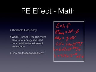 PE Effect - Math

• Threshold Frequency

• Work Function - the minimum
  amount of energy required
  on a metal surface to eject
  an electron

• How are these two related?
 