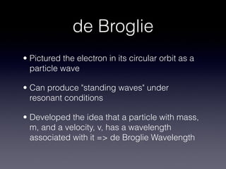 de Broglie
• Pictured the electron in its circular orbit as a
  particle wave

• Can produce "standing waves" under
  resonant conditions

• Developed the idea that a particle with mass,
  m, and a velocity, v, has a wavelength
  associated with it => de Broglie Wavelength
 
