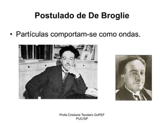 Profa Cristiane Tavolaro GoPEF
PUC/SP
Postulado de De Broglie
• Partículas comportam-se como ondas.
Simetria da natureza.
 