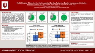 INDIANA UNIVERSITY SCHOOL OF MEDICINE DEPARTMENT OF ANESTHESIA – MARC 2023
PACU Nursing Education for the Congenital Cardiac Patient: A Quality Improvement Initiative
Michael D. DeBrota, M.S.3, (Clayre E. Tanis-Arens, D.O.), Carly A. Smith, M.D.
Riley Hospital for Children
Indiana University School of Medicine – Indianapolis, IN
INTRODUCTION
Patient care in the pediatric post-anesthesia care unit (PACU)
requires well-trained medical and nursing staff (RNs),
adequate equipment, and oversight by anesthesiologists to
ensure quality, safety, and efficacy. A case of sustained
oxygen desaturation from baseline in a 3-month-old with
hypoplastic left heart syndrome s/p cardiac catheterization
prompted assessment of PACU RNs' knowledge and
implementation of educational intervention to improve
communication, quality, and safety for patients with congenital
heart disease (CHD).
METHODS
A survey was distributed to PACU RNs collecting self-ratings
assessing the following areas:
• Perceived knowledge of congenital cardiac defects
• Comfort level caring for CHD patients
• Knowing when to call for help
• Knowing who to call for help
Responses were on a scale ranging from 1 (no
knowledge/comfort) to 5 (very knowledgeable/comfortable).
Education methods used included lecture series, interactive
case simulations, and bedside teaching. Subsequently, a
follow-up survey was distributed to participants, reassessing
their rating in the above categories.
DISCUSSION
In total, 15 responses were received to the initial pre-
education survey and 10 responses were received on the
post-survey.
Prior to education, the mean self-assigned perceived CHD
knowledge level was 2.7, and cardiac patient care comfort
was 3.4. Both measures showed improvement with teaching
to 4.1 and 4.0, respectively.
Our educational interventions resolved participants’ perceived
knowledge gaps of when and whom to call for help.
Preferred teaching methods were reported as follows:
• Bedside teaching (27%)
• Job aids (24%)
• Simulation (22%)
• Checklists (19%)
• Lectures (8%)
REFERENCE
Hall SC (1995) J Clin Anesth 7(7):600-5.
Figures: (top) pre and post results of knowing who and when to call for help. (bottom) Mean self-assigned congenital heart defect
knowledge increased from 2.7 pre-intervention to 4.1 post-intervention. Mean comfort level caring for cardiac patients increased from
3.4 to 4.0. Scales range from 1 (not at all knowledgeable/comfortable) to 5 (very knowledgeable/comfortable).
67
%
0%
33
%
PRE-Education:
Do you know WHO to
call for help?
Yes No Unsure
100
%
0%
0%
POST-Education:
Do you know WHO to
call for help?
Yes No Unsure
62
%
0%
38
%
PRE-Education:
Do you know WHEN to
call for help?
Yes No Unsure
100
%
0%
0%
POST-Education:
Do you know WHEN to
call for help?
Yes No Unsure
CONCLUSIONS
Because Riley Hospital does not have a dedicated cardiac
PACU, ongoing education and training remain necessary due
to high staff turnover rate and knowledge attrition over time.
Development of job aids and checklists is ongoing. Overall,
our interventions increased PACU RNs’ confidence and will
thereby potentially improve patient outcomes.
 