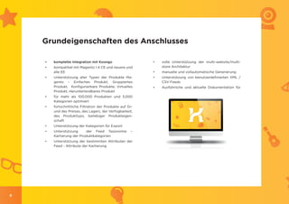 Grundeigenschaften des Anschlusses

    •	   komplette Integration mit Koongo                   •	   volle Unterstützung der multi-website/multi-
    •	   kompatibel mit Magento 1.4 CE und neuere und            store Architektur
         alle EE                                            •	   manuelle und vollautomatische Generierung
    •	   Unterstützung aller Typen der Produkte Ma-         •	   Unterstützung von benutzerdefinierten XML /
         gento – Einfaches Produkt, Gruppiertes                  CSV-Feeds
         Produkt, Konfigurierbare Produkte, Virtuelles      •	   Ausführliche und aktuelle Dokumentation für
         Produkt, Herunterlandbares Produkt                      Ihren Anschluss
    •	   für mehr als 100.000 Produkten und 3,000
         Kategorien optimiert
    •	   fortschrittliche Filtration der Produkte auf Gr-
         und des Preises, des Lagers, der Verfügbarkeit,
         des Produkttyps, beliebiger Produkteigen-
         schaft
    •	   Unterstützung der Kategorien für Export
    •	   Unterstützung     der Feed Taxonomie          –
         Kartierung der Produktkategorien
    •	   Unterstützung der bestimmten Attributen der
         Feed - Attribute der Kartierung




6
 