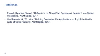 60
Reference
• Esmaili, Kyumars Sheykh. "Reflections on Almost Two Decades of Research into Stream
Processing.” ACM DEBS, 2017.
• Van Raemdonck, W. , et al. "Building Connected Car Applications on Top of the World-
Wide Streams Platform.” ACM DEBS, 2017.
 