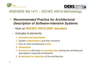 epts
     event processing technical society




ANSI/IEEE Std 1471 :: ISO/IEC 42010 Methodology

 •     Recommended Practice for Architectural
       Description of Software-intensive Systems
     – Now an ISO/IEC 42010:2007 standard
     – Includes 6 elements
             1. Architectural description
             2. System stakeholders and their concerns
             3. One or more architectural views
             4. Viewpoints
             5. A record of all known inconsistencies among the architectural
                description’s required constituents
             6. A rationale for selection of the architecture

11
 