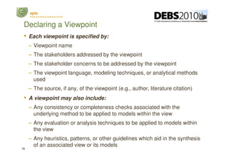 epts
     event processing technical society



 Declaring a Viewpoint
 •   Each viewpoint is specified by:
     – Viewpoint name
     – The stakeholders addressed by the viewpoint
     – The stakeholder concerns to be addressed by the viewpoint
     – The viewpoint language, modeling techniques, or analytical methods
       used
     – The source, if any, of the viewpoint (e.g., author, literature citation)
 •   A viewpoint may also include:
     – Any consistency or completeness checks associated with the
       underlying method to be applied to models within the view
     – Any evaluation or analysis techniques to be applied to models within
       the view
     – Any heuristics, patterns, or other guidelines which aid in the synthesis
       of an associated view or its models
15
 