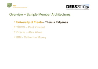 epts
  event processing technical society




Overview – Sample Member Architectures

     • University of Trento - Themis Palpanas
     • TIBCO – Paul Vincent
     • Oracle - Alex Alves
     • IBM - Catherine Moxey
 