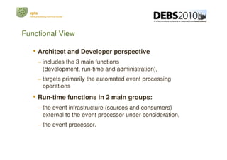 epts
  event processing technical society




Functional View

     • Architect and Developer perspective
          – includes the 3 main functions
            (development, run-time and administration),
          – targets primarily the automated event processing
            operations
     • Run-time functions in 2 main groups:
          – the event infrastructure (sources and consumers)
            external to the event processor under consideration,
          – the event processor.
 