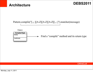 Architecture                                                  DEBS2011




                Pattern.compile("[.,; ][A-Z][A-Z][A-Z][.,; ]").matcher
                Pattern.compile("[.,; ][A-Z][A-Z][A-Z][.,; ]").matcher(message)
                (message)
                        Pattern
                  ComplexType
                 ﬁelds                      Text
                                         Find a “compile” method and its return type
                 methods




Monday, July 11, 2011
 