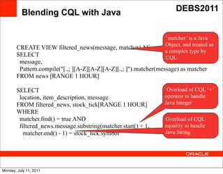 Blending CQL with Java                                     DEBS2011


                                                                 ‘matcher’ is a Java
                                                                 Object, and treated as
       CREATE VIEW filtered_news(message, matcher) AS
                                                                 a complex type by
       SELECT                                                    CQL
        message,
        Pattern.compile("[.,; ][A-Z][A-Z][A-Z][.,; ]").matcher(message) as matcher
       FROM news [RANGE 1 HOUR]
                                          Text
       SELECT                                                     Overload of CQL ‘+’
        location, item_description, message                      operator to handle
       FROM filtered_news, stock_tick[RANGE 1 HOUR]              Java Integer
       WHERE
        matcher.find() = true AND                                Overload of CQL
        filtered_news.message.substring(matcher.start() + 1,     equality to handle
          matcher.end() - 1) = stock_tick.symbol                 Java String




Monday, July 11, 2011
 