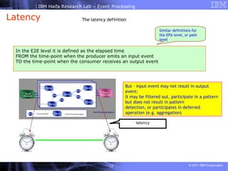 Latency latency In the E2E level it is defined as the elapsed time  FROM the time-point when the producer emits an input event  TO the time-point when the consumer receives an output event  The latency definition But – input event may not result in output event: It may be filtered out, participate in a pattern but does not result in pattern detection, or participates in deferred operation (e.g. aggregation) Similar definitions for the EPA level, or path  level 