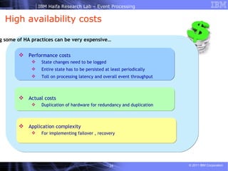 High availability costs Implementing some of HA practices can be very expensive…   Performance costs State changes need to be logged Entire state has to be persisted at least periodically Toll on processing latency and overall event throughput Actual costs Duplication of hardware for redundancy and duplication Application complexity For implementing failover , recovery 