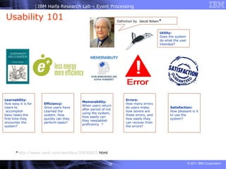 Usability 101  Definition by  Jakob Nilsen * * http :// www . useit . com / alertbox / 20030825 . html   Learnability: How easy it is for  Users to accomplish basic tasks the first time they  encounter the  system?  Efficiency: Once users have  Learned the  system, How  quickly can they perform tasks?  Memorability: When users return after period of not  using the system, How easily can they reestablish  proficiency  ?  Errors: How many errors do users make,  how severe are  these errors, and how easily they can recover from the errors? Satisfaction: How pleasant is it to use the  system?  Utility: Does the system do what the user intended?  