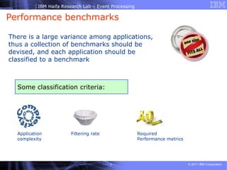 Performance benchmarks There is a large variance among applications, thus a collection of benchmarks should be devised, and each application should be classified to a benchmark  Some classification criteria: Application complexity  Filtering rate Required Performance metrics  