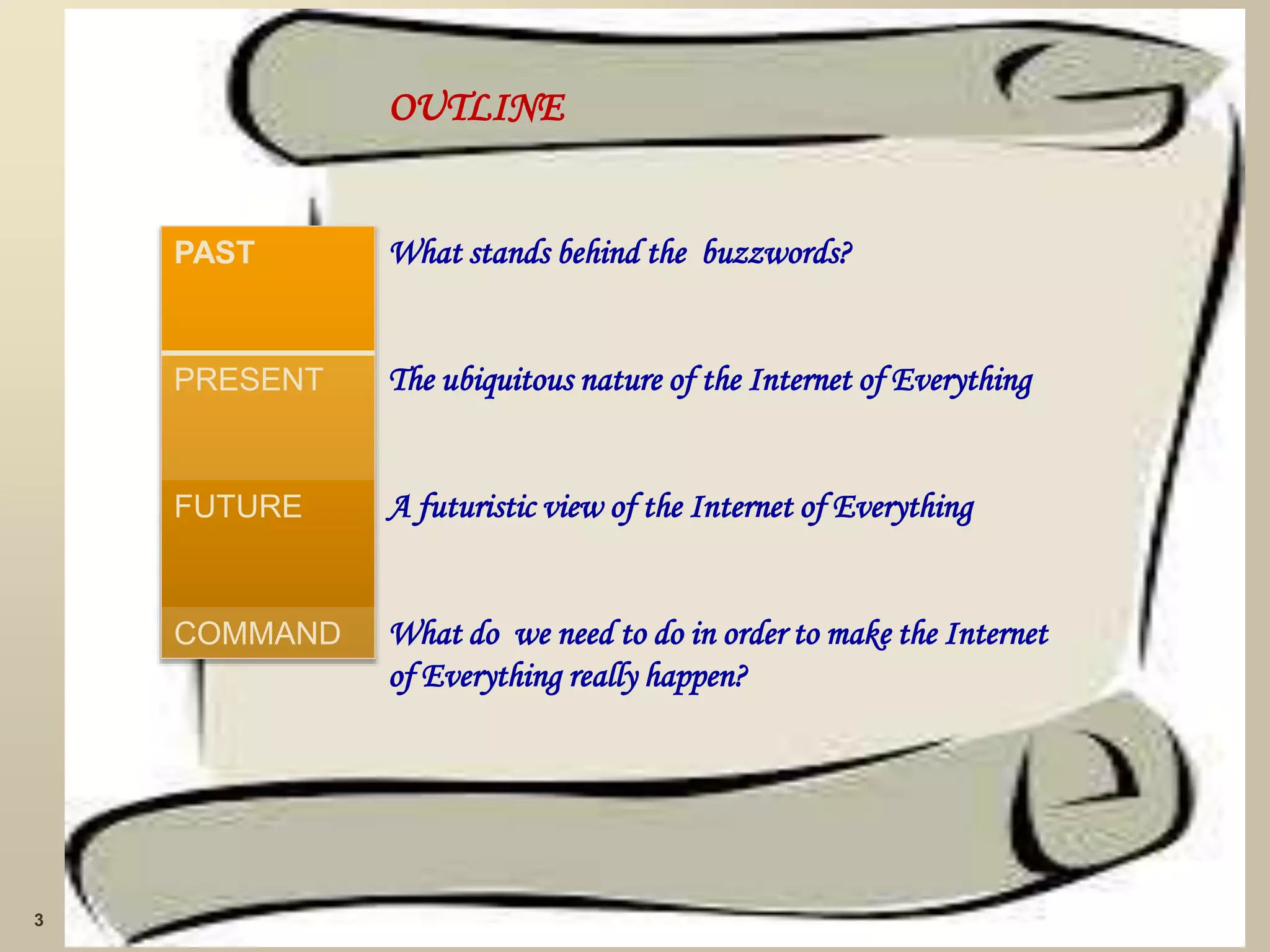 OUTLINE
What stands behind the buzzwords?
The ubiquitous nature of the Internet of Everything
A futuristic view of the Internet of Everything
What do we need to do in order to make the Internet
of Everything really happen?
3
PAST
PRESENT
FUTURE
COMMAND
 
