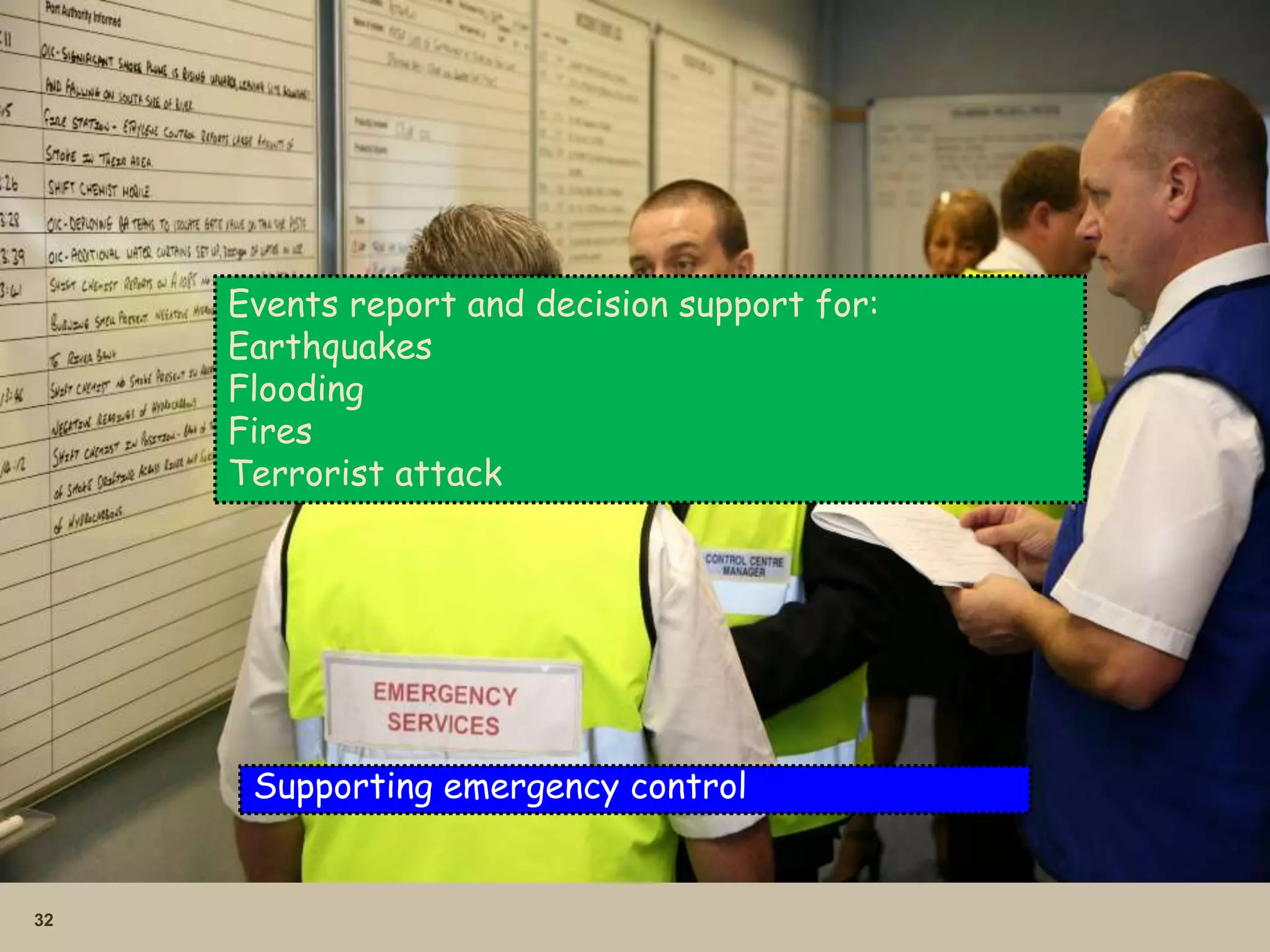 32
Supporting emergency control
Events report and decision support for:
Earthquakes
Flooding
Fires
Terrorist attack
 