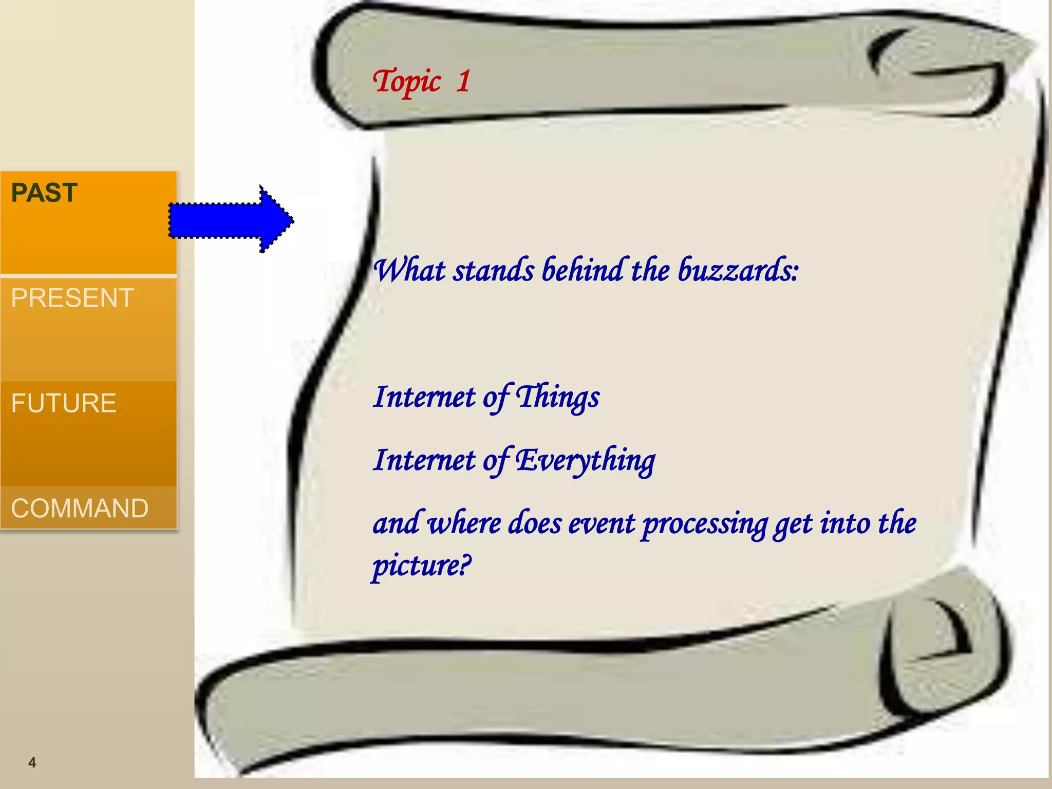 Topic 1
What stands behind the buzzards:
Internet of Things
Internet of Everything
and where does event processing get into the
picture?
4
PAST
PRESENT
FUTURE
COMMAND
 