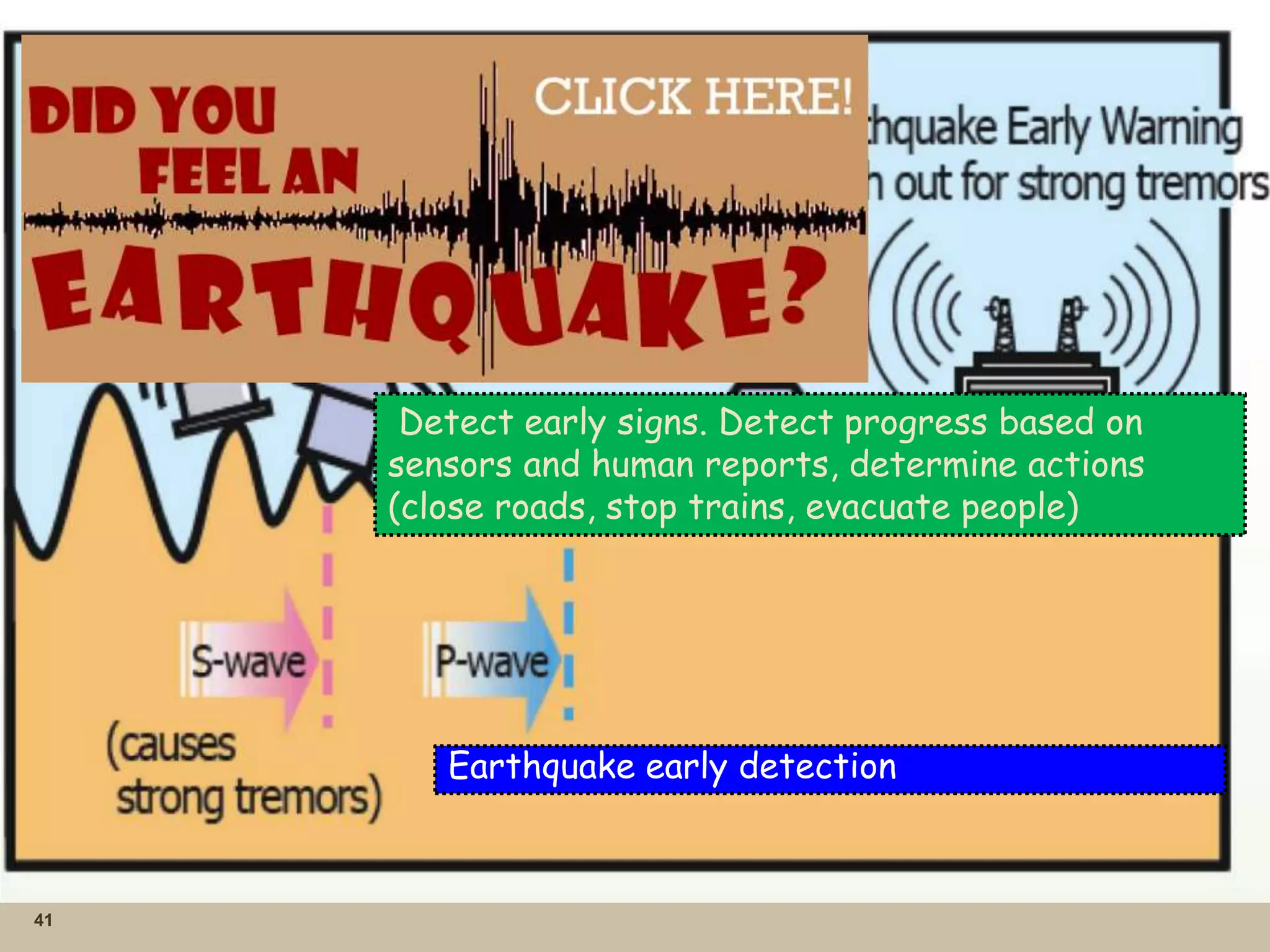 41
Earthquake early detection
Detect early signs. Detect progress based on
sensors and human reports, determine actions
(close roads, stop trains, evacuate people)
 