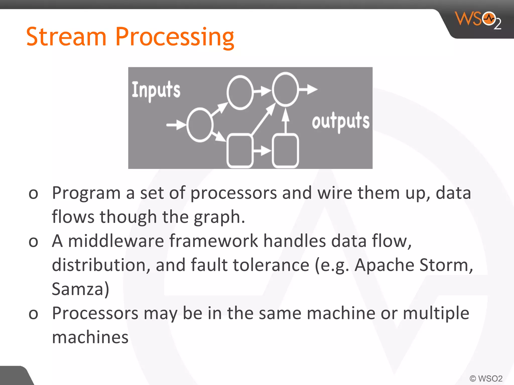 Stream Processing
o Program a set of processors and wire them up, data
flows though the graph.
o A middleware framework handles data flow,
distribution, and fault tolerance (e.g. Apache Storm,
Samza)
o Processors may be in the same machine or multiple
machines
 