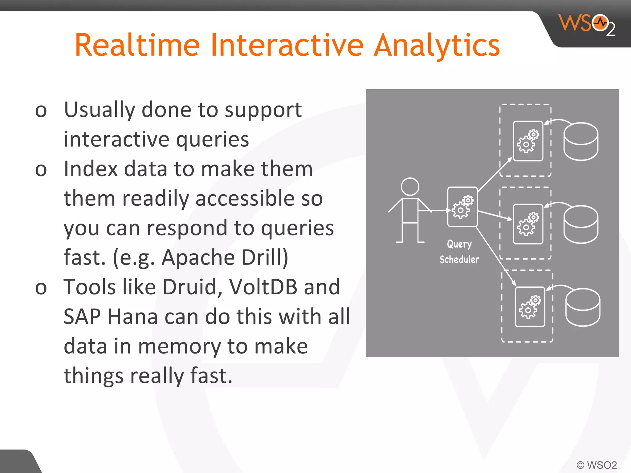Realtime Interactive Analytics
o Usually done to support
interactive queries
o Index data to make them
them readily accessible so
you can respond to queries
fast. (e.g. Apache Drill)
o Tools like Druid, VoltDB and
SAP Hana can do this with all
data in memory to make
things really fast.
 