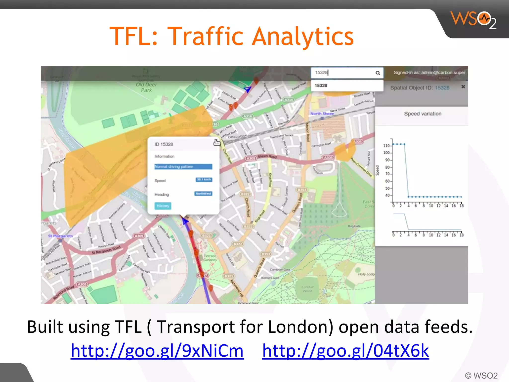 TFL: Traffic Analytics
Built using TFL ( Transport for London) open data feeds.
http://goo.gl/9xNiCm http://goo.gl/04tX6k
 