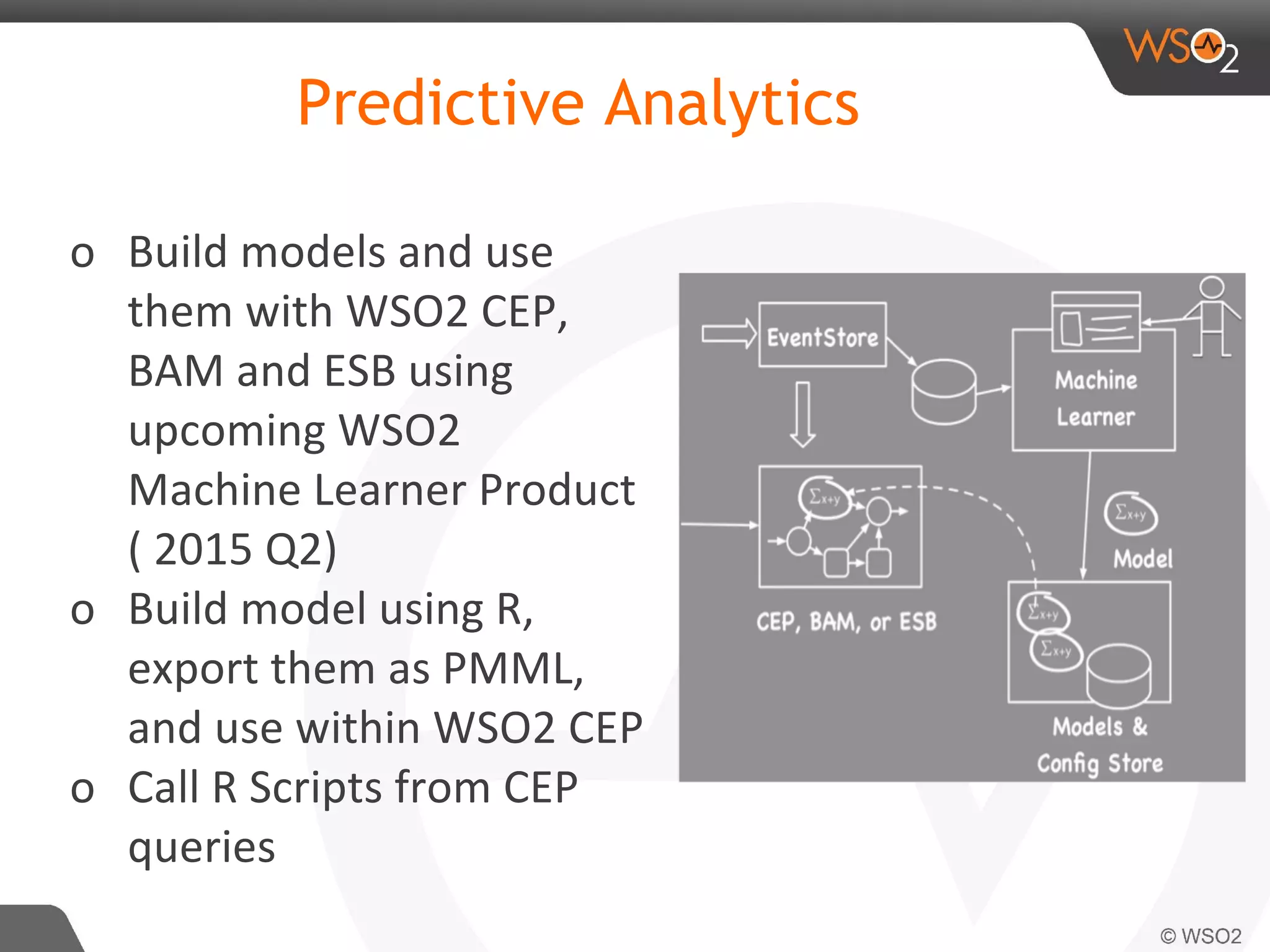 Predictive Analytics
o Build models and use
them with WSO2 CEP,
BAM and ESB using
upcoming WSO2
Machine Learner Product
( 2015 Q2)
o Build model using R,
export them as PMML,
and use within WSO2 CEP
o Call R Scripts from CEP
queries
 