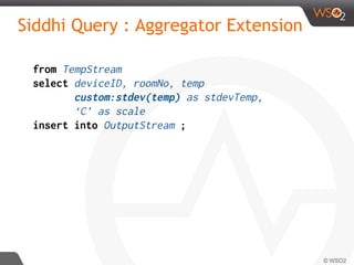 Siddhi Query : Aggregator Extension
from TempStream
select deviceID, roomNo, temp
custom:stdev(temp) as stdevTemp,
‘C’ as scale
insert into OutputStream ;
 