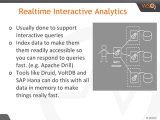 Realtime Interactive Analytics
o Usually done to support
interactive queries
o Index data to make them
them readily accessible so
you can respond to queries
fast. (e.g. Apache Drill)
o Tools like Druid, VoltDB and
SAP Hana can do this with all
data in memory to make
things really fast.
 