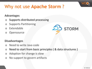 Why not use Apache Storm ?
Advantages
o Supports distributed processing
o Supports Partitioning
o Extendable
o Opensource
Disadvantages
o Need to write Java code
o Need to start from basic principles ( & data structures )
o Adoption for change is slow
o No support to govern artifacts
 