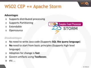 WSO2 CEP += Apache Storm
Advantages
o Supports distributed processing
o Supports Partitioning
o Extendable
o Opensource
Disadvantages
o No need to write Java code (Supports SQL like query language)
o No need to start from basic principles (Supports high level
language)
o Adoption for change is fast
o Govern artifacts using Toolboxes
o etc ...
 
