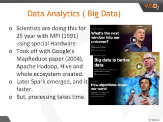 Data Analytics ( Big Data)
o Scientists are doing this for
25 year with MPI (1991)
using special Hardware
o Took off with Google’s
MapReduce paper (2004),
Apache Hadoop, Hive and
whole ecosystem created.
o Later Spark emerged, and it is
faster.
o But, processing takes time.
 