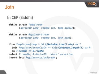 Join
define stream TempStream
(deviceID long, roomNo int, temp double);
define stream RegulatorStream
(deviceID long, roomNo int, isOn bool);
from TempStream[temp > 30.0]#window.time(1 min) as T
join RegulatorStream[isOn == false]#window.length(1) as R
on T.roomNo == R.roomNo
select T.roomNo, R.deviceID, ‘start’ as action
insert into RegulatorActionStream ;
In CEP (Siddhi)
 