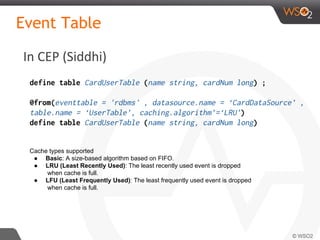 In CEP (Siddhi)
Event Table
define table CardUserTable (name string, cardNum long) ;
@from(eventtable = 'rdbms' , datasource.name = ‘CardDataSource’ ,
table.name = ‘UserTable’, caching.algorithm’=‘LRU’)
define table CardUserTable (name string, cardNum long)
Cache types supported
● Basic: A size-based algorithm based on FIFO.
● LRU (Least Recently Used): The least recently used event is dropped
when cache is full.
● LFU (Least Frequently Used): The least frequently used event is dropped
when cache is full.
 