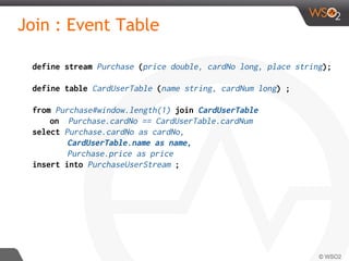 Join : Event Table
define stream Purchase (price double, cardNo long, place string);
define table CardUserTable (name string, cardNum long) ;
from Purchase#window.length(1) join CardUserTable
on Purchase.cardNo == CardUserTable.cardNum
select Purchase.cardNo as cardNo,
CardUserTable.name as name,
Purchase.price as price
insert into PurchaseUserStream ;
 