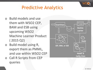 Predictive Analytics
o Build models and use
them with WSO2 CEP,
BAM and ESB using
upcoming WSO2
Machine Learner Product
( 2015 Q2)
o Build model using R,
export them as PMML,
and use within WSO2 CEP
o Call R Scripts from CEP
queries
 