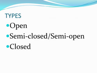 TYPES
Open
Semi-closed/Semi-open
Closed
 