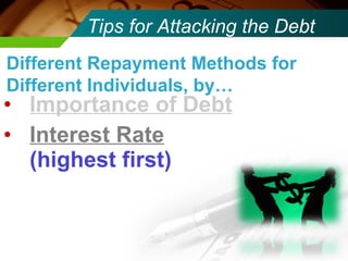 Importance of Debt Interest Rate  (highest first) Tips for Attacking the Debt Different Repayment Methods for Different Individuals, by… 