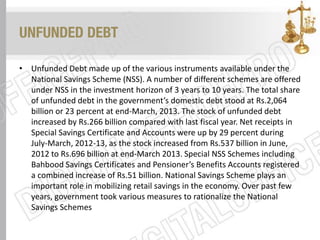 UNFUNDED DEBT
• Unfunded Debt made up of the various instruments available under the
National Savings Scheme (NSS). A number of different schemes are offered
under NSS in the investment horizon of 3 years to 10 years. The total share
of unfunded debt in the government’s domestic debt stood at Rs.2,064
billion or 23 percent at end-March, 2013. The stock of unfunded debt
increased by Rs.266 billion compared with last fiscal year. Net receipts in
Special Savings Certificate and Accounts were up by 29 percent during
July-March, 2012-13, as the stock increased from Rs.537 billion in June,
2012 to Rs.696 billion at end-March 2013. Special NSS Schemes including
Bahbood Savings Certificates and Pensioner’s Benefits Accounts registered
a combined increase of Rs.51 billion. National Savings Scheme plays an
important role in mobilizing retail savings in the economy. Over past few
years, government took various measures to rationalize the National
Savings Schemes
 