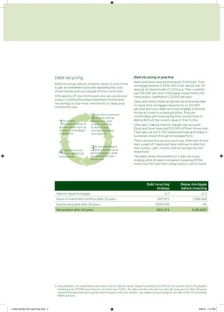Debt recycling
Debt recycling is about using the equity in your home
to get an investment loan and repeating the cycle
shown below until you’ve paid off your home loan.
After paying off your home loan, you can use all your
surplus income (including investment income and
tax savings) to buy more investments or repay your
investment loan.
Debt recycling in practice
David and Jane have a home worth $500,000. Their
mortgage balance is $300,000 to be repaid over 30
years at an interest rate of 7.25% p.a. They currently
pay $24,000 per year in mortgage repayments and
have surplus cashflow of $12,000 per year.
David and Jane’s financial adviser recommends they
increase their mortgage repayments by $12,000
per year and use a debt recycling strategy to borrow
money to invest in a share portfolio. They are
comfortable with maintaining their overall level of
debt at 60% of the current value of their home.
After year 1 (taking interest charges into account)
David and Jane have paid $15,550 off their home loan.
They take out a $15,550 investment loan and invest in
Australian shares through a managed fund.
They continue this process each year. After their home
loan is paid off, David and Jane continue to direct all
their surplus cash, income and tax savings into the
share fund.
The table shows the benefits of a debt recycling
strategy after 20 years compared to paying off the
home loan first and then using surplus cash to invest.
Debt recycling
strategy
Repay mortgage
before investing
Years to repay mortgage 12.7 12.3
Value of investment portfolio after 20 years $931,672 $396,668
Outstanding debt after 20 years $300,000 Nil
Net position after 20 years $631,672 $396,6682
1You invest
borrowed money in
growth assets such as
shares or a managed
investment
2Use the investment
income and tax
savings plus your
surplus cashflow
to reduce your
outstanding home
loan balance
3At the end of each
year, you borrow an
amount equal to what
you’ve paid off your
home loan
4Use this money
to buy additional
investments
2. Assumptions: All investments and loans held in David’s name. Share fund return of 9.5% (4.5% income and 5.0% growth),
franking level 70.00% and interest on home loan 7.25%. All rates remain constant over the 20-year period. After 20 years,
investments are sold and Capital Gains Tax plus loans are repaid. Calculated using a marginal tax rate of 38.5% including
Medicare levy.
11490C-0810jd SEC Debt Flyer.indd 3 3/09/10 1:12 PM
 