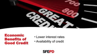 Economic
Benefits of
Good Credit
• Lower interest rates
• Availability of credit
 