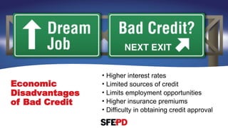 Economic
Disadvantages
of Bad Credit
• Higher interest rates
• Limited sources of credit
• Limits employment opportunities
• Higher insurance premiums
• Difficulty in obtaining credit approval
 