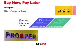 Buy Now, Pay Later
Examples:
Affirm, Prosper, or Bread
 