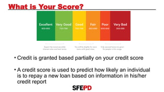 • Credit is granted based partially on your credit score
• A credit score is used to predict how likely an individual
is to repay a new loan based on information in his/her
credit report
What is Your Score?
 