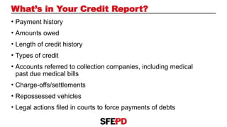 • Payment history
• Amounts owed
• Length of credit history
• Types of credit
• Accounts referred to collection companies, including medical
past due medical bills
• Charge-offs/settlements
• Repossessed vehicles
• Legal actions filed in courts to force payments of debts
What’s in Your Credit Report?
 