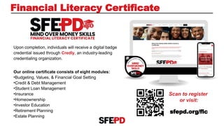 Financial Literacy Certificate
Upon completion, individuals will receive a digital badge
credential issued through Credly, an industry-leading
credentialing organization.
Our online certificate consists of eight modules:
•Budgeting, Values, & Financial Goal Setting
•Credit & Debt Management
•Student Loan Management
•Insurance
•Homeownership
•Investor Education
•Retirement Planning
•Estate Planning
Scan to register
or visit:
sfepd.org/flc
 