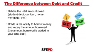 The Difference between Debt and Credit
• Debt is the total amount owed
(student debt, car loan, home
mortgage, etc.)
• Credit is the ability to borrow money
and repay the amount borrowed
(the amount borrowed is added to
your total debt)
 