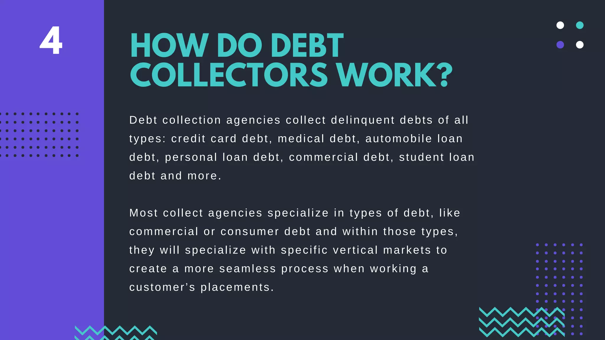 Debt collection agencies collect delinquent debts of all
types: credit card debt, medical debt, automobile loan
debt, personal loan debt, commercial debt, student loan
debt and more.
Most collect agencies specialize in types of debt, like
commercial or consumer debt and within those types,
they will specialize with specific vertical markets to
create a more seamless process when working a
customer’s placements.
HOW DO DEBT
COLLECTORS WORK?
4
 